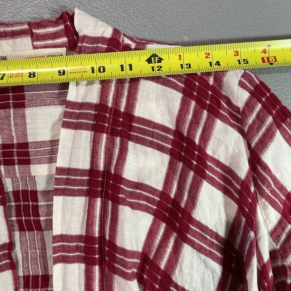 ORANGE CREEK Cardigan Plaid Fringe Open Front Long Sleeve Womens M L Red White - Picture 4 of 11